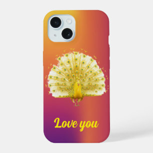 Coque iPhone 15 Jaune Doré Royal Paon Amour Vous Anniversaire