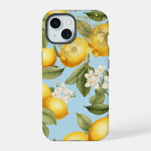 Coque iPhone 15 Jaune esthétique, bleu clair et citron doré