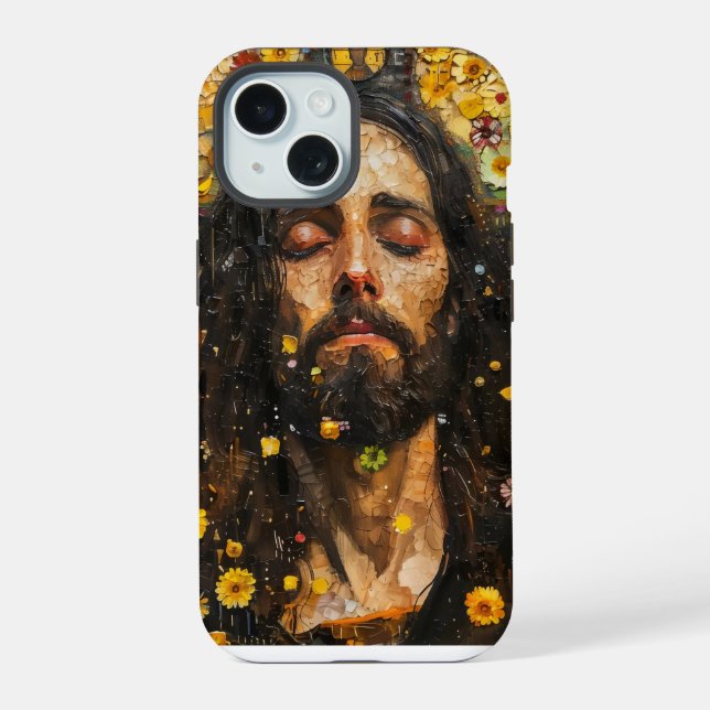 Coque iPhone 15 Jésus et Fleurs Abstraits (Verso)