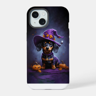 Coque iPhone 15 Jeune teckel sorcier avec citrouille d'Halloween