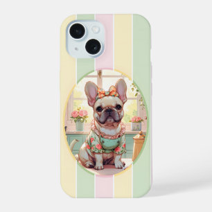 Coque iPhone 15 Joli Bouledogue Français Pastel Lignes Cottagecore