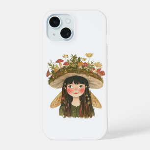 Coque iPhone 15 Joli bouton à revers Fée Fille aux champignons à l