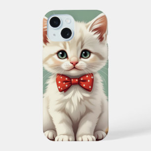 Coque iPhone 15 Joli chat blanc adorable avec noeud papillon