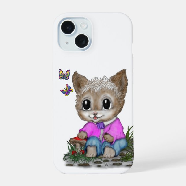 Coque iPhone 15 Joli Chat Chaton et Papillon (Verso)