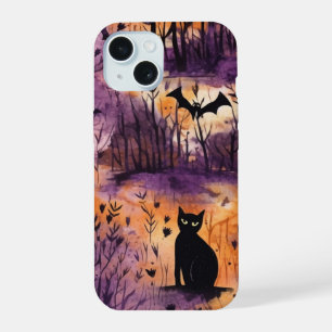 Coque iPhone 15 Joli chat de Halloween sorcière sur citrouille sai