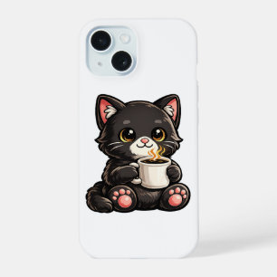 Coque iPhone 15 Joli Chat Noir avec Café