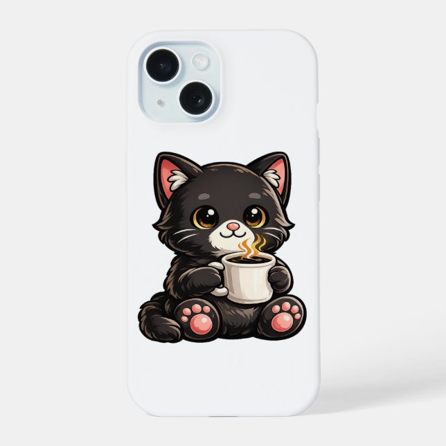 Coque iPhone 15 Joli Chat Noir avec Café (Verso)