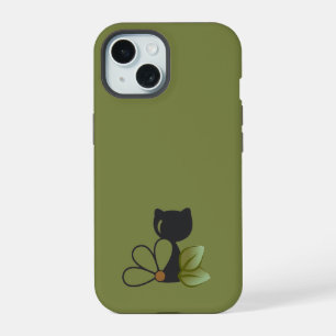 Coque iPhone 15 Joli chat noir et fleur – Personnalisé