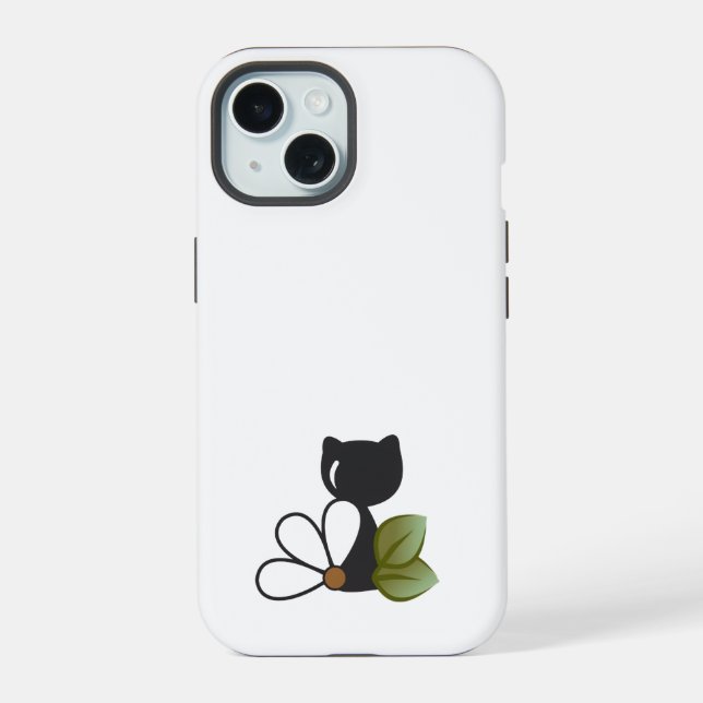 Coque iPhone 15 Joli chat noir et fleur – Personnalisé (Verso)