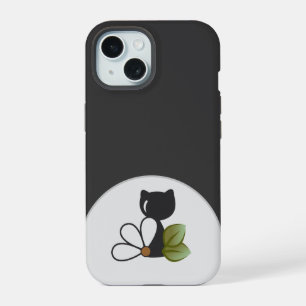 Coque iPhone 15 Joli chat noir et fleur – Personnalisé