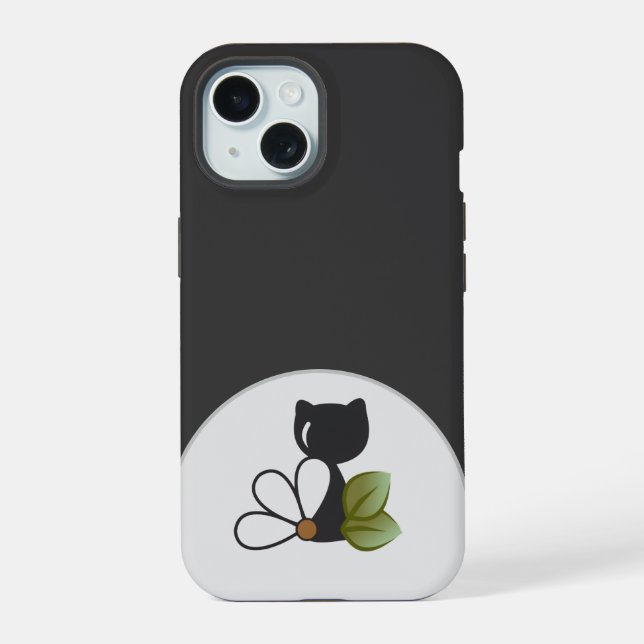 Coque iPhone 15 Joli chat noir et fleur – Personnalisé (Verso)