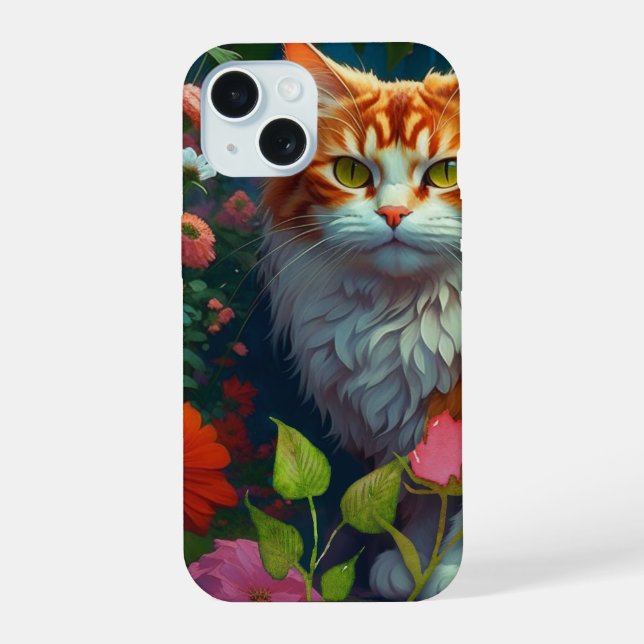 Coque iPhone 15 Joli Chat Orange dans les Fleurs  (Verso)