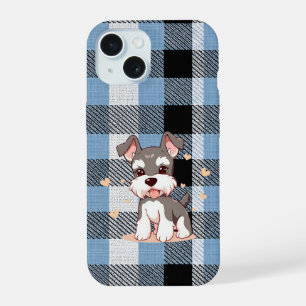 Coque iPhone 15 Joli chien Schnauzer carreaux bleus