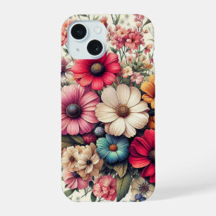 Coque iPhone 15 Joli Collage de Fleurs Colorées Vintage
