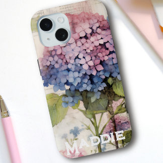 Coque iPhone 15 Joli Hydrangea & Papillon Purple Personnalisé