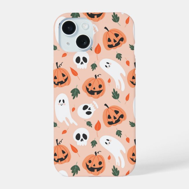 Coque iPhone 15 Joli Jack-O-Lanterne et Motif fantôme (Verso)