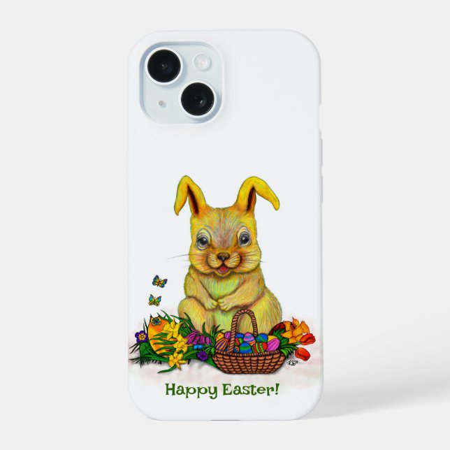 Coque iPhone 15 Joli lapin de Pâques avec oeufs et fleurs (Verso)
