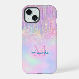Coque iPhone 15 Joli licorne rose pailleté strass monogramme goutt