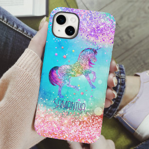 Coque iPhone 15 Joli licorne rose paillettes arc-en-ciel aigue-mar