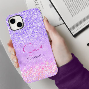 Coque iPhone 15 Joli monogramme d'anniversaire pailleté rose viole