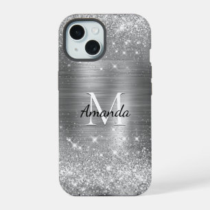Coque iPhone 15 Joli monogramme faux paillettes en métal brossé ar