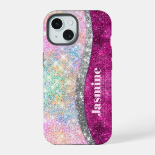 Coque iPhone 15 Joli monogramme iridescent rose argent faux paille
