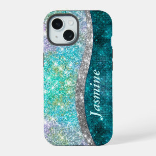 Coque iPhone 15 Joli monogramme iridescent turquoise faux pailleté
