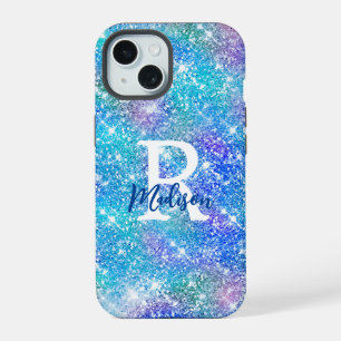 Coque iPhone 15 Joli monogramme licorne iridescent bleu rose paill