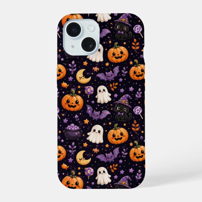 Coque iPhone 15 Joli motif d'art de citrouille de fantôme de chat  (Verso)