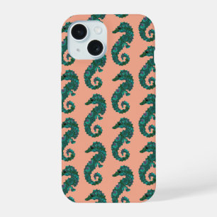 Coque iPhone 15 Joli motif de hippocampe sarcelle et corail sur le