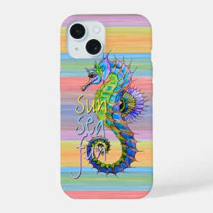Coque iPhone 15 Joli motif rayé à l'aquarelle de hippocampe d'été