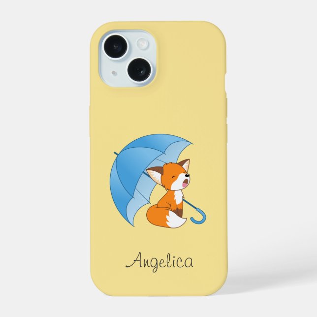 Coque iPhone 15 Joli Petit Renard dormant sous parapluie (Verso)