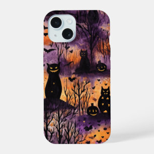 Coque iPhone 15 Jolie chatte Halloween sorcière sur citrouille sai