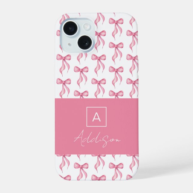 Coque iPhone 15 Jolie coquette Monogramme Bow rose (Verso)
