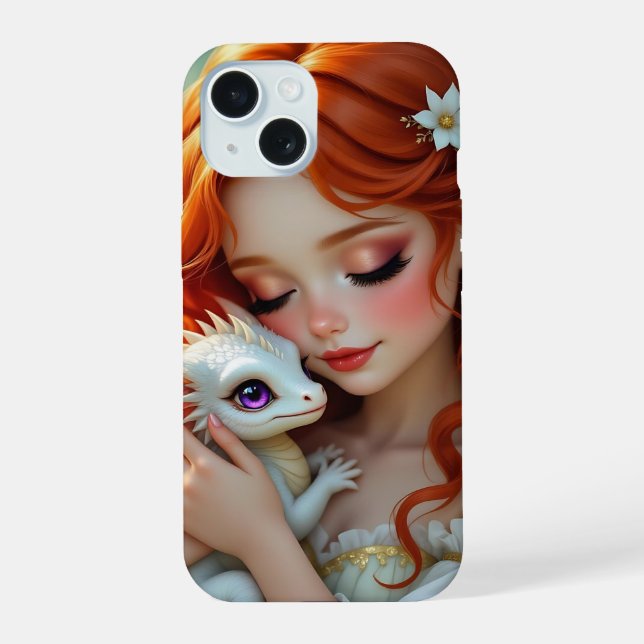 Coque iPhone 15 Jolie Fée aux Cheveux Rouges avec Dragon (Verso)
