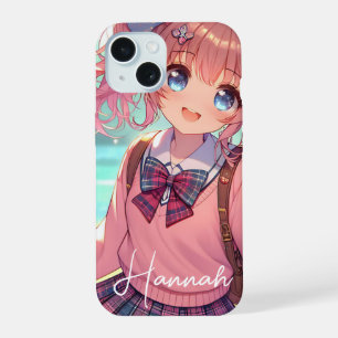 Coque iPhone 15 Jolie fille Anime en Pigtails Roses