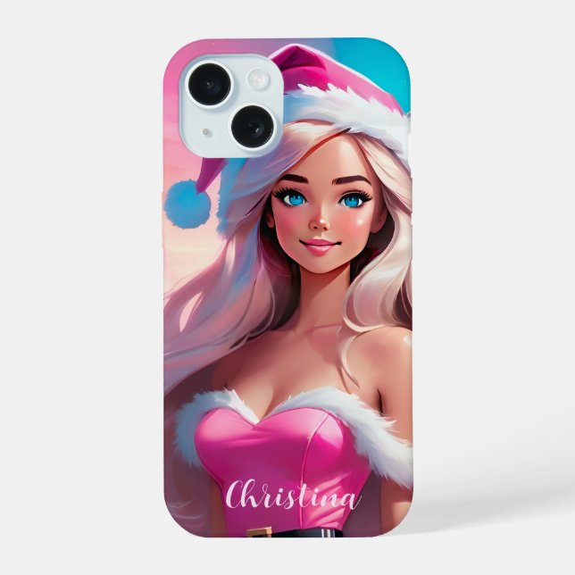 Coque iPhone 15 Jolie Fille de Noël Rose 01 (Verso)