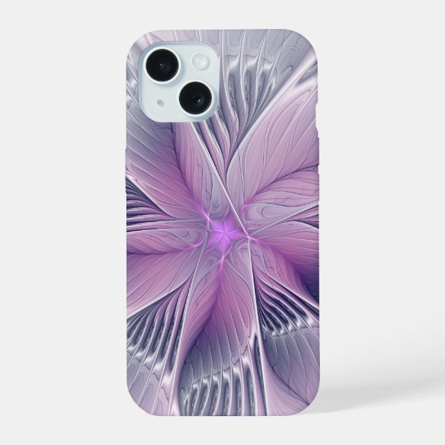 Coque iPhone 15 Jolie fleur rose abstraite moderne art fractal (Verso)