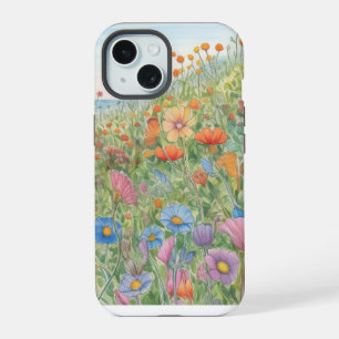 Coque iPhone 15 Jolie Prairie Aquarelle de Fleurs Sauvages Pastel