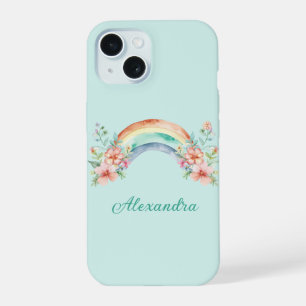 Coque iPhone 15 Jolies fleurs à l'aquarelle et arc-en-ciel