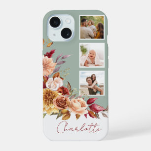 Coque iPhone 15 Jolies Fleurs Aquarelle Pastel, 3-Photos avec Nom