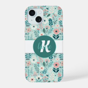Coque iPhone 15 Jolies fleurs d'art populaire pastel bleu et rose