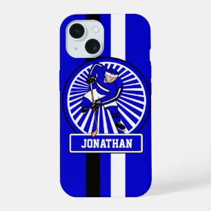 Coque iPhone 15 Joueur de hockey sur glace personnalisé bleu