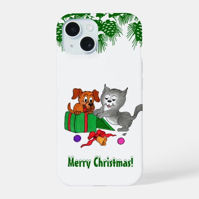 Coque iPhone 15 Joyeux Noël avec chat et chiot (Verso)
