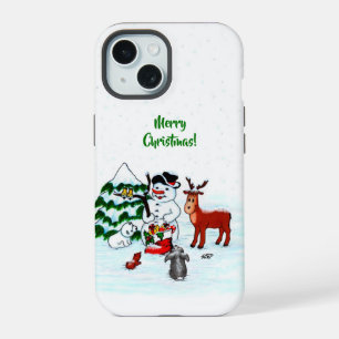 Coque iPhone 15 Joyeux Noël ! Bonhomme de neige avec des amis