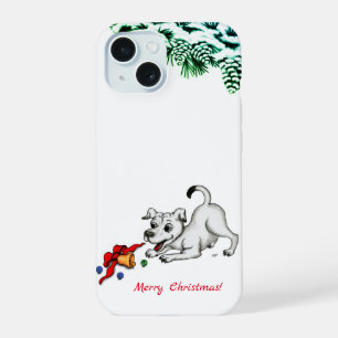 Coque iPhone 15 Joyeux Noël ! Chiot avec Bell et Ball