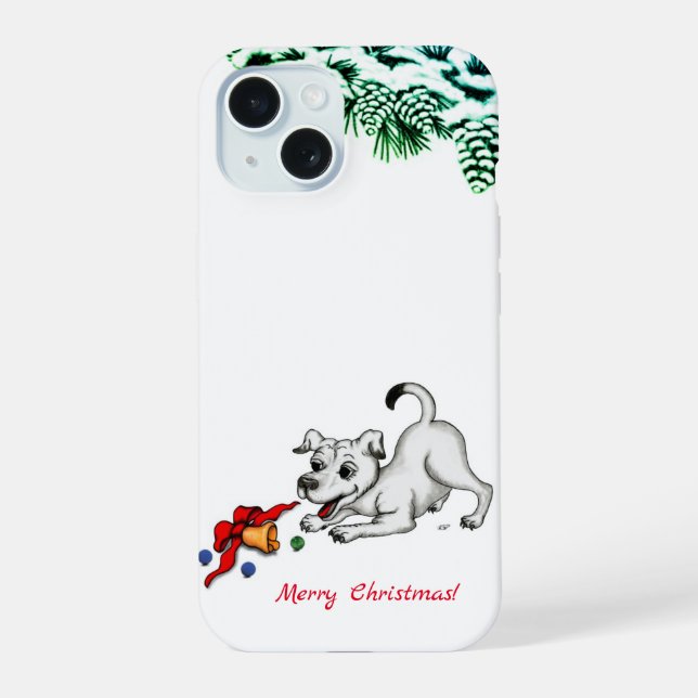 Coque iPhone 15 Joyeux Noël ! Chiot avec Bell et Ball (Verso)