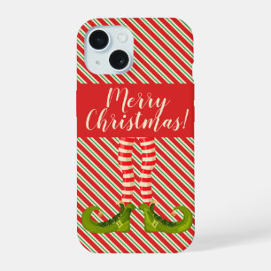 Coque iPhone 15 Joyeux Noël jambes de lutin et rayures
