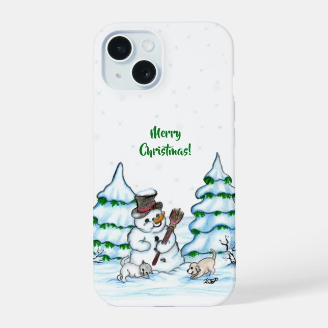 Coque iPhone 15 Joyeux Noël ! Snowman avec chat et chiot (Verso)