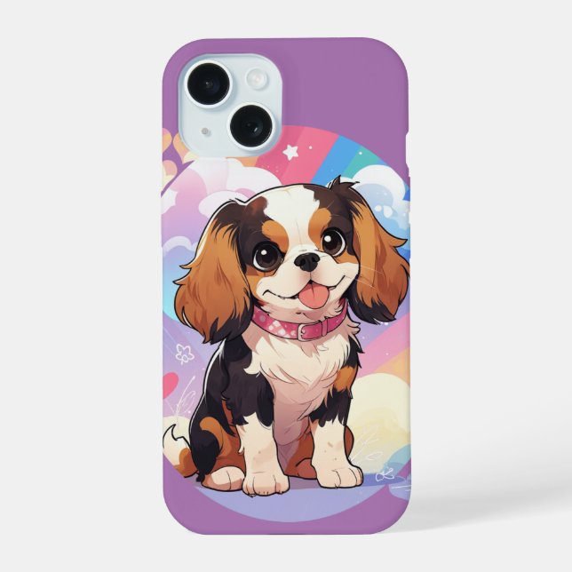 Coque iPhone 15 Kawaii Cavalier King Charles Pastel Rainbow (Verso)